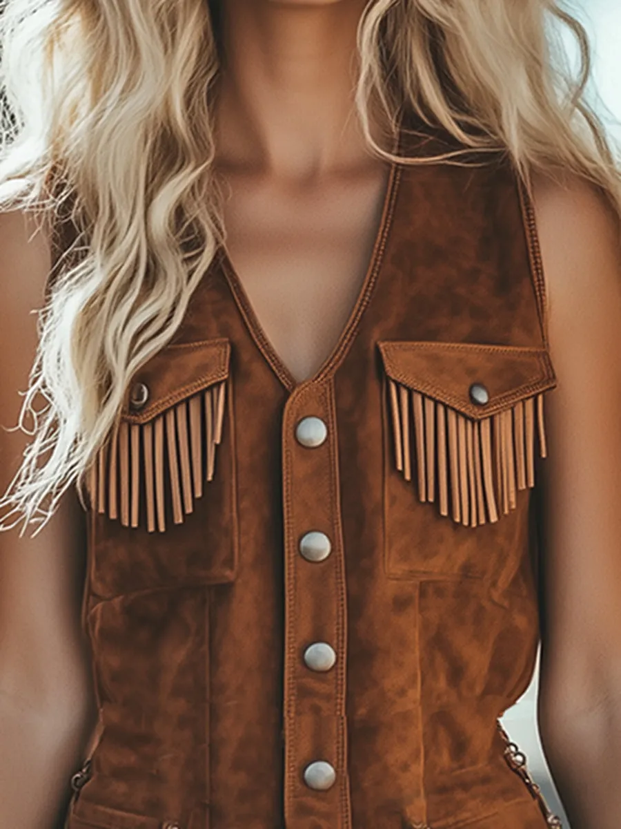 【24-hour shipping out】Vintage Western Tassel Brown Suede Vest Shorts Jumpsuit sold by Oyrosy product image thumbnail 3