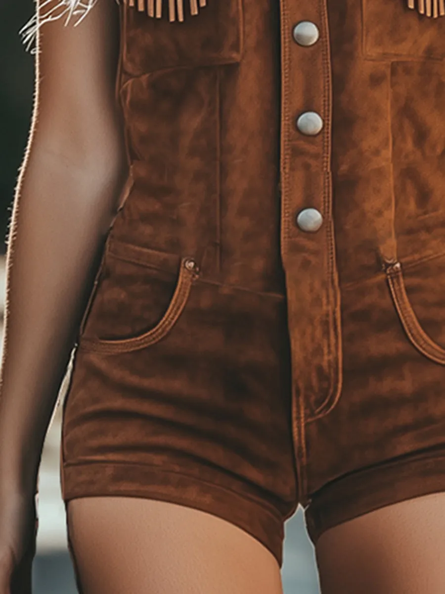 【24-hour shipping out】Vintage Western Tassel Brown Suede Vest Shorts Jumpsuit sold by Oyrosy product image thumbnail 4
