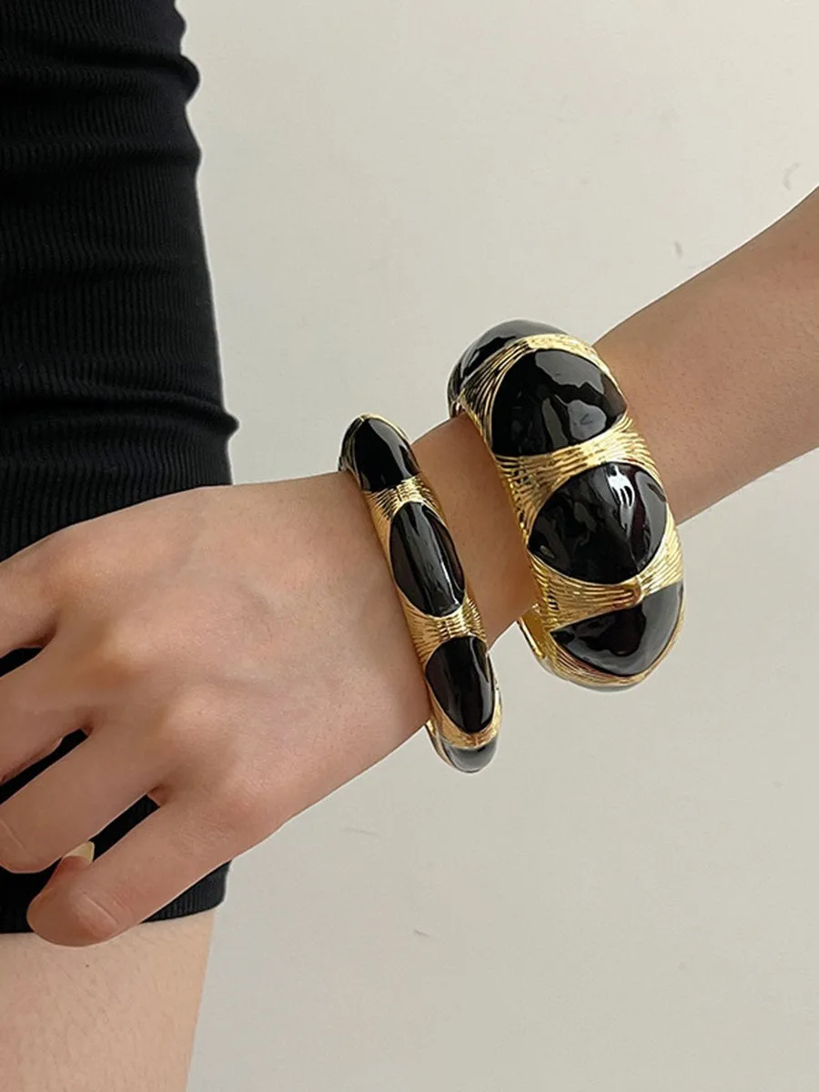 Women's Vintage Black Gold Enamel Open Bracelet sold by Oyrosy