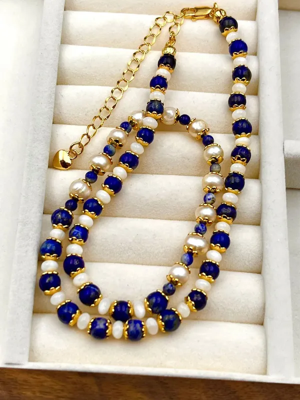 Vintage Natural Lapis Lazuli Pearl Fashion Necklace sold by Oyrosy