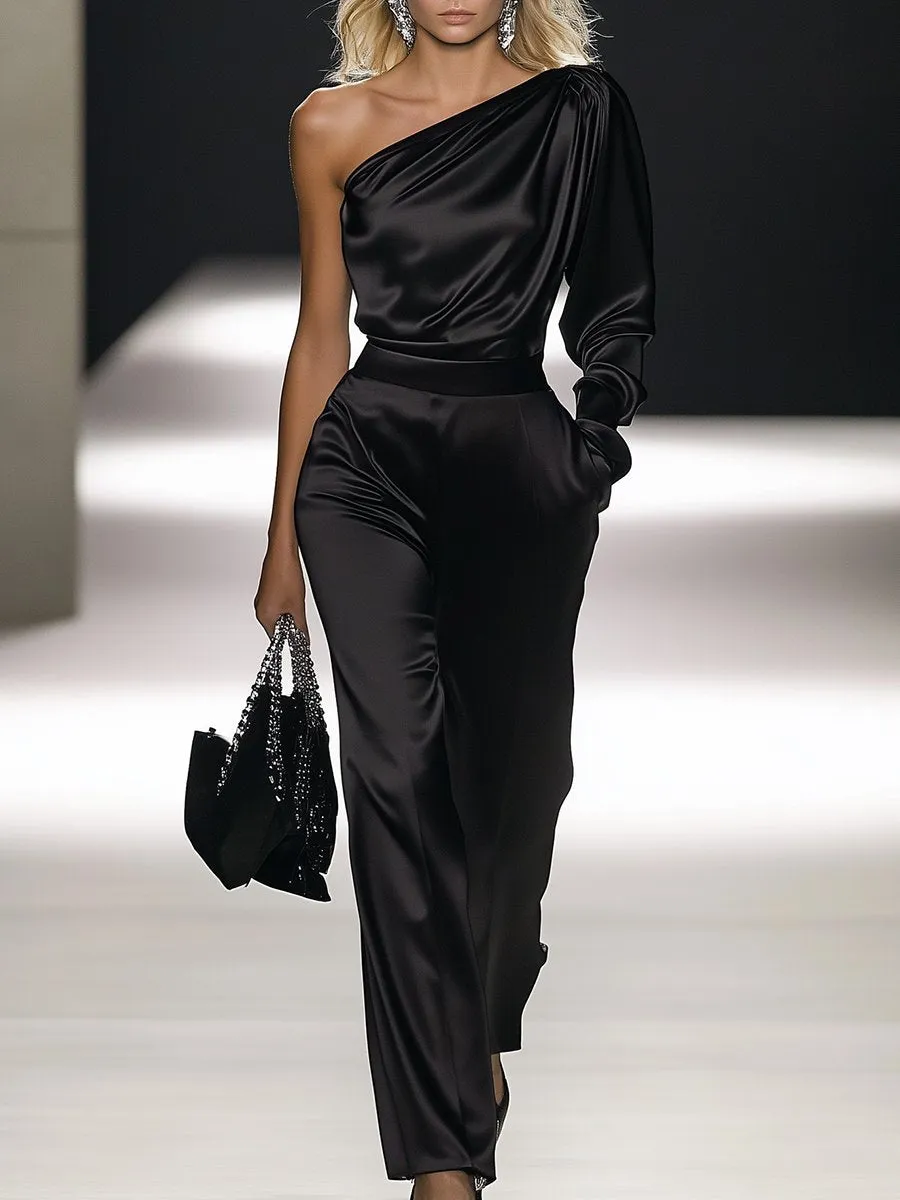 【24-hour shipping out】Elegant Off-the-shoulder Satin Long-sleeved Jumpsuit sold by Oyrosy