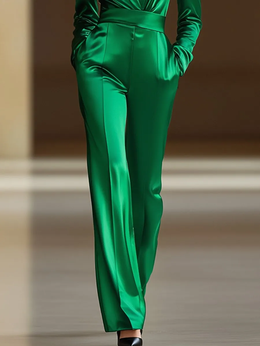 【24-hour shipping out】Retro Fashion Loose V-neck Green Satin Wide-leg Jumpsuit sold by Oyrosy product image thumbnail 4