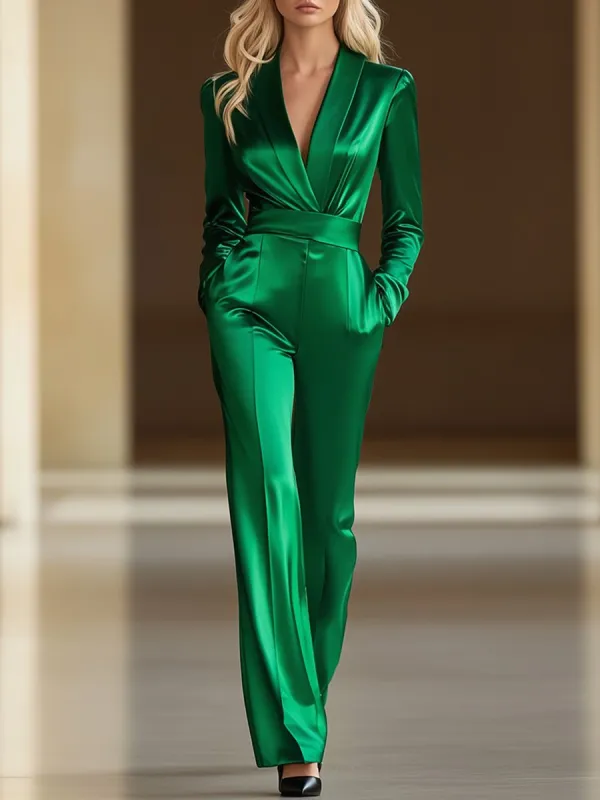 【24-hour shipping out】Retro Fashion Loose V-neck Green Satin Wide-leg Jumpsuit sold by Oyrosy