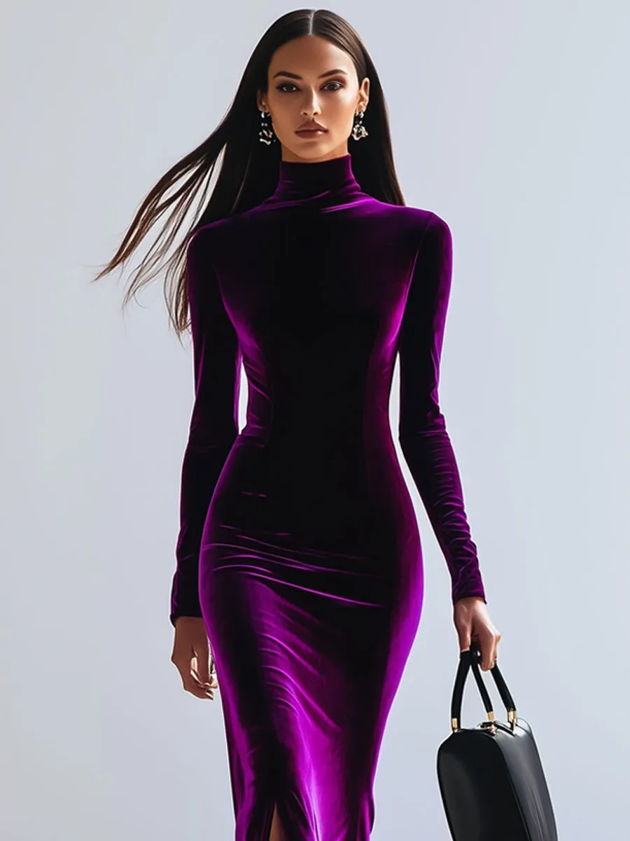 【24-hour shipping】Fashion Retro High Collar Long Sleeve Purple Velvet Slit Maxi Dress sold by Oyrosy product image thumbnail 2