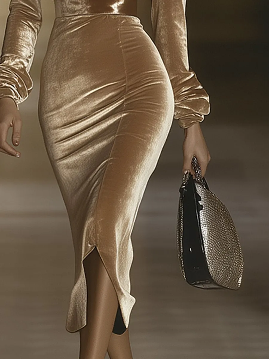 【24-hour shipping out】Elegant V-neck Slim-fit Champagne Velvet Midi Dress sold by Oyrosy product image thumbnail 4