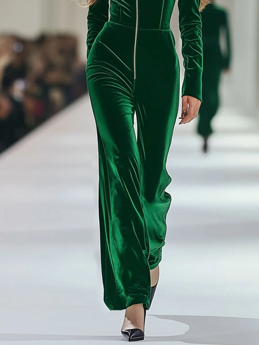 【24-hour shipping out】Casual Loose Retro Long Sleeve Green Velvet Zipper Jumpsuit sold by Oyrosy product image thumbnail 4