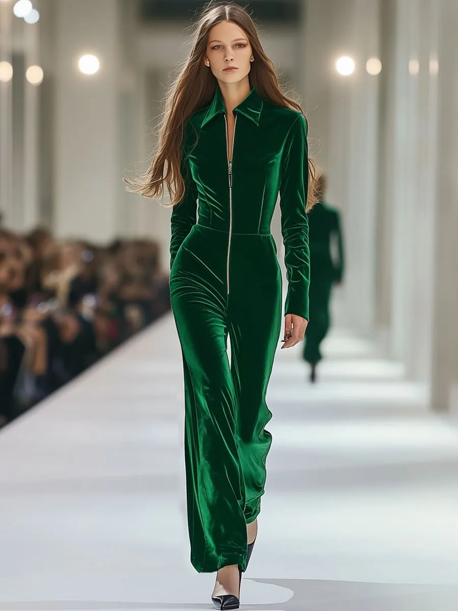 【24-hour shipping out】Casual Loose Retro Long Sleeve Green Velvet Zipper Jumpsuit sold by Oyrosy product image thumbnail 2