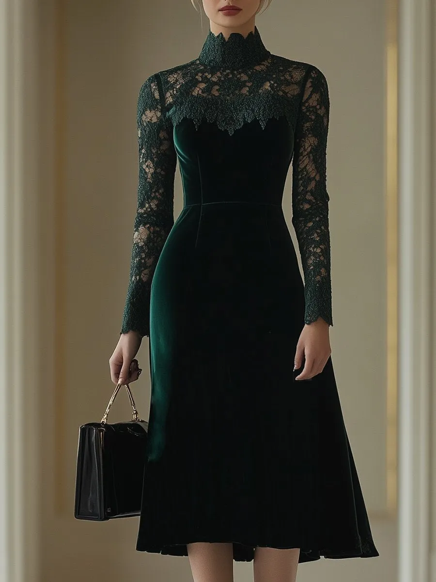 【24-hour shipping out】Elegant Retro Velvet Stitching Lace High Collar Long Sleeve Midi Dress sold by Oyrosy