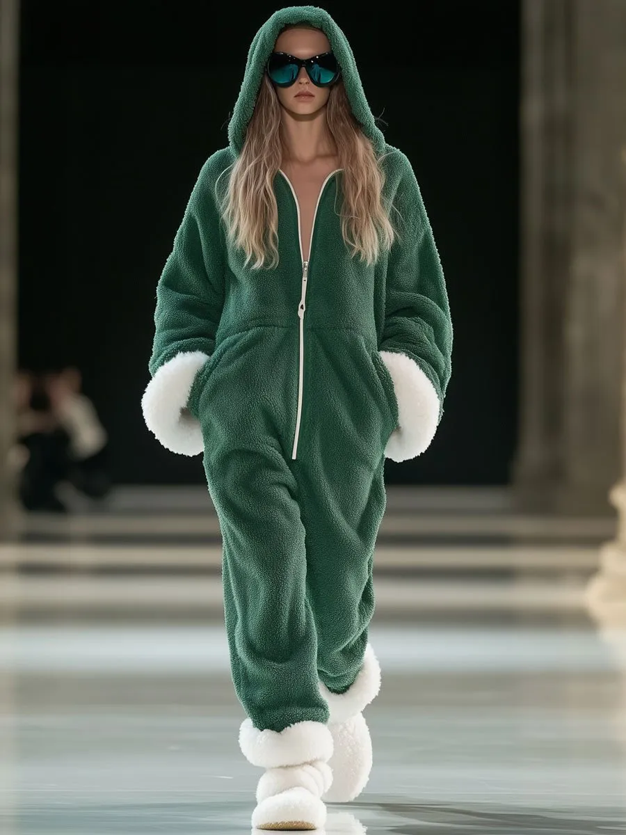 【24-hour shipping out】Casual Loose Green and White Polar Fleece Splicing Zipper Hooded Jumpsuit sold by Oyrosy