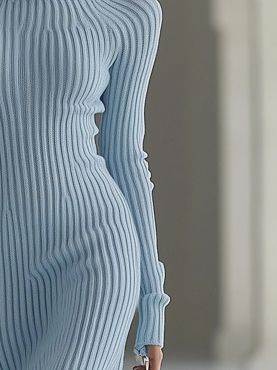 【24-hour shipping out】Fashion Long-sleeved Knitted Off-shoulder Haze Blue Midi Dress sold by Oyrosy product image thumbnail 3