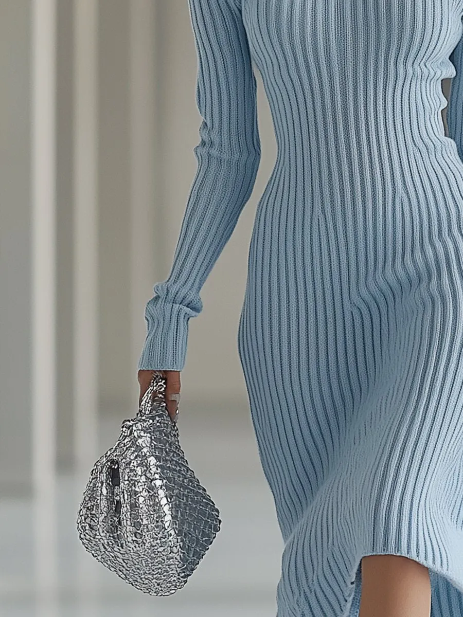 【24-hour shipping out】Fashion Long-sleeved Knitted Off-shoulder Haze Blue Midi Dress sold by Oyrosy product image thumbnail 4