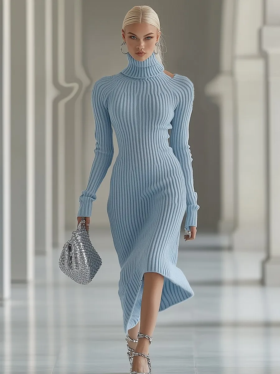 【24-hour shipping out】Fashion Long-sleeved Knitted Off-shoulder Haze Blue Midi Dress sold by Oyrosy product image thumbnail 2