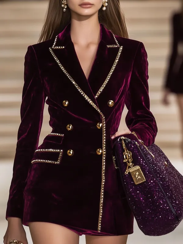 【24-hour shipping out】Casual Vintage Burgundy Velvet Gold Trim Double Breasted Suit Mini Dress sold by Oyrosy