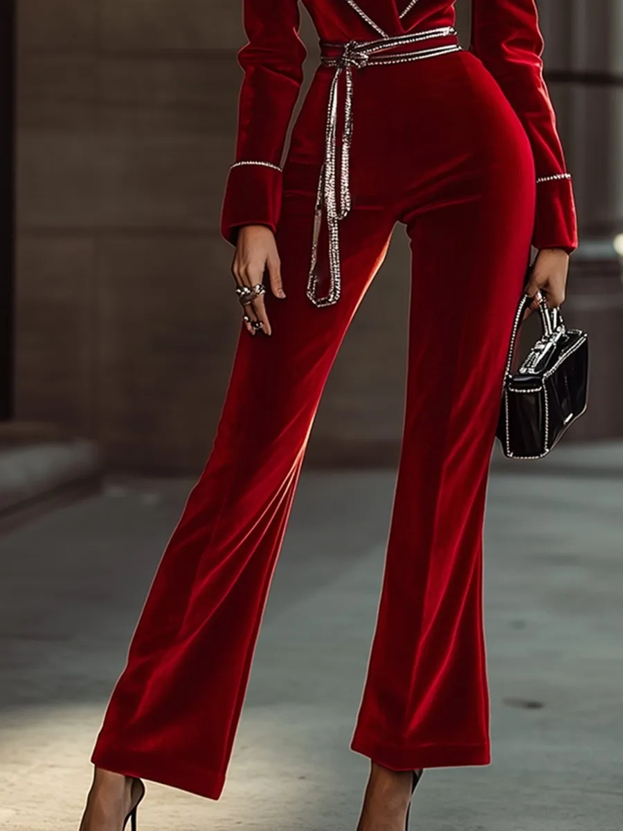 High-End And Fashionable Red Velvet Jumpsuit With Silver Trim sold by Oyrosy product image thumbnail 4