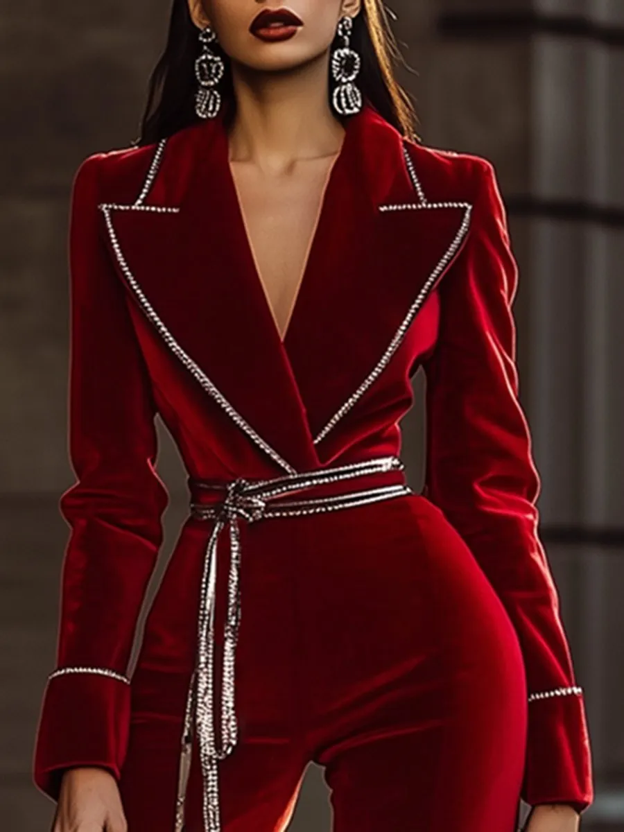 High-End And Fashionable Red Velvet Jumpsuit With Silver Trim sold by Oyrosy product image thumbnail 3