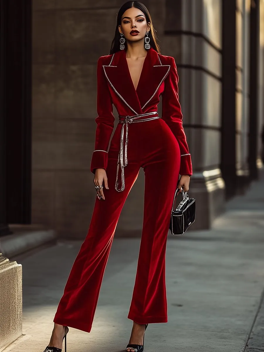 High-End And Fashionable Red Velvet Jumpsuit With Silver Trim sold by Oyrosy product image thumbnail 2