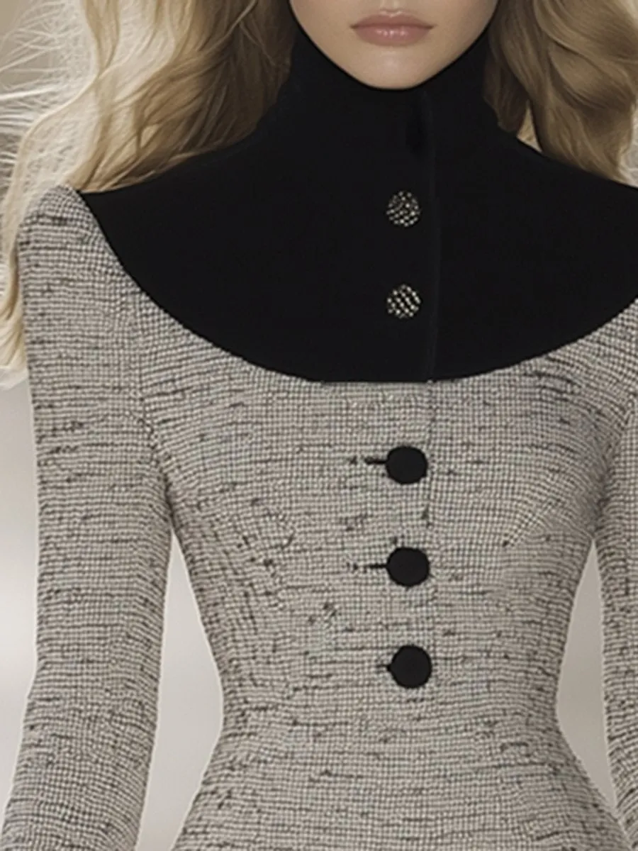 【24-hour shipping out】Retro Elegant Fashionable Stitching Velvet High Collar Tweed Midi Dress sold by Oyrosy product image thumbnail 3