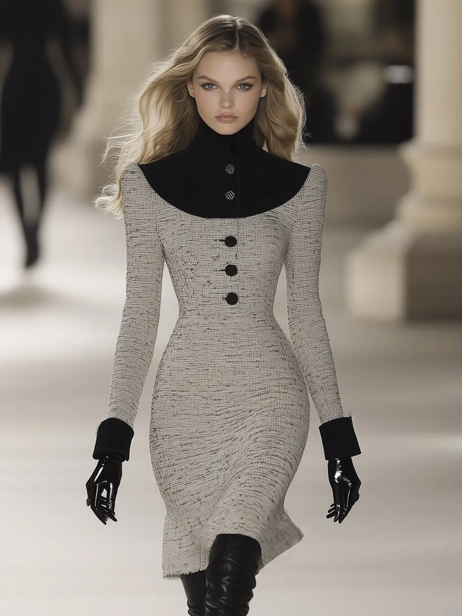 【24-hour shipping out】Retro Elegant Fashionable Stitching Velvet High Collar Tweed Midi Dress sold by Oyrosy product image thumbnail 2