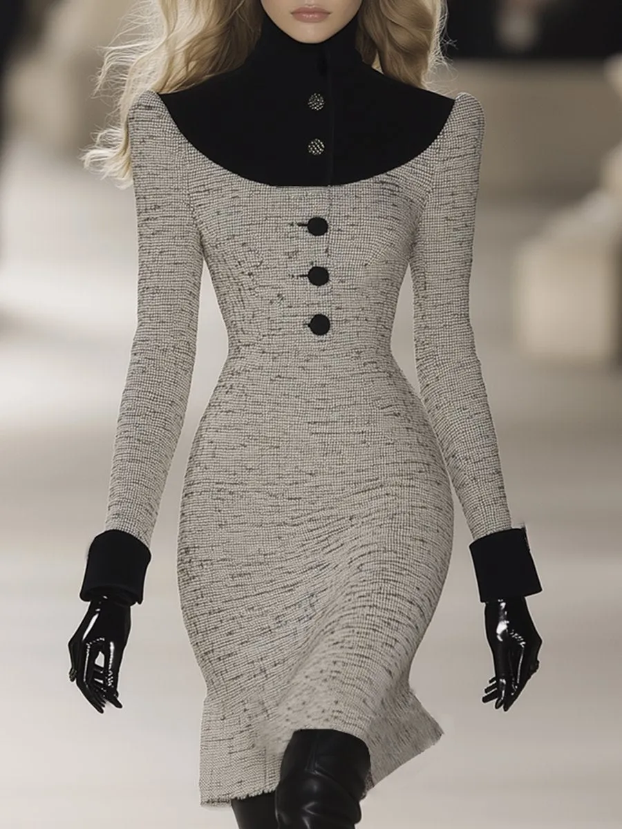 【24-hour shipping out】Retro Elegant Fashionable Stitching Velvet High Collar Tweed Midi Dress sold by Oyrosy