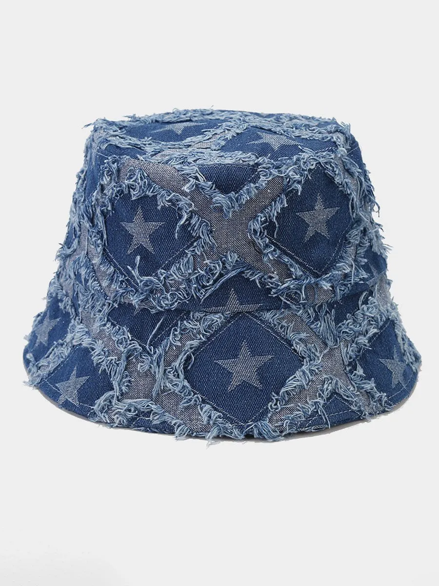 Casual Fashion Five-pointed Star Raw-edge Denim Bucket Hat sold by Oyrosy