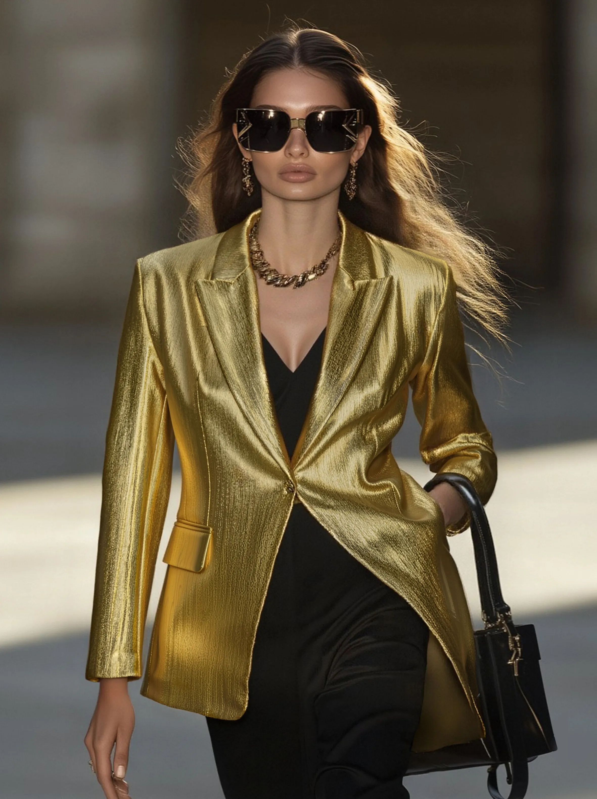 High-End Fashionable Loose Gold Pleated Suit Jacket sold by Oyrosy product image thumbnail 2