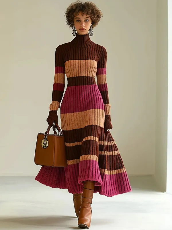 Fashion Loose Retro Color Striped Knitted Turtleneck Midi Dress sold by Oyrosy