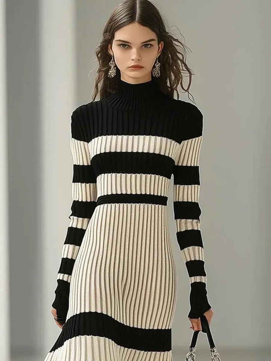 【24-hour shipping out】Fashion Loose Retro Black and White Striped Knitted Turtleneck Midi Dress sold by Oyrosy product image thumbnail 2