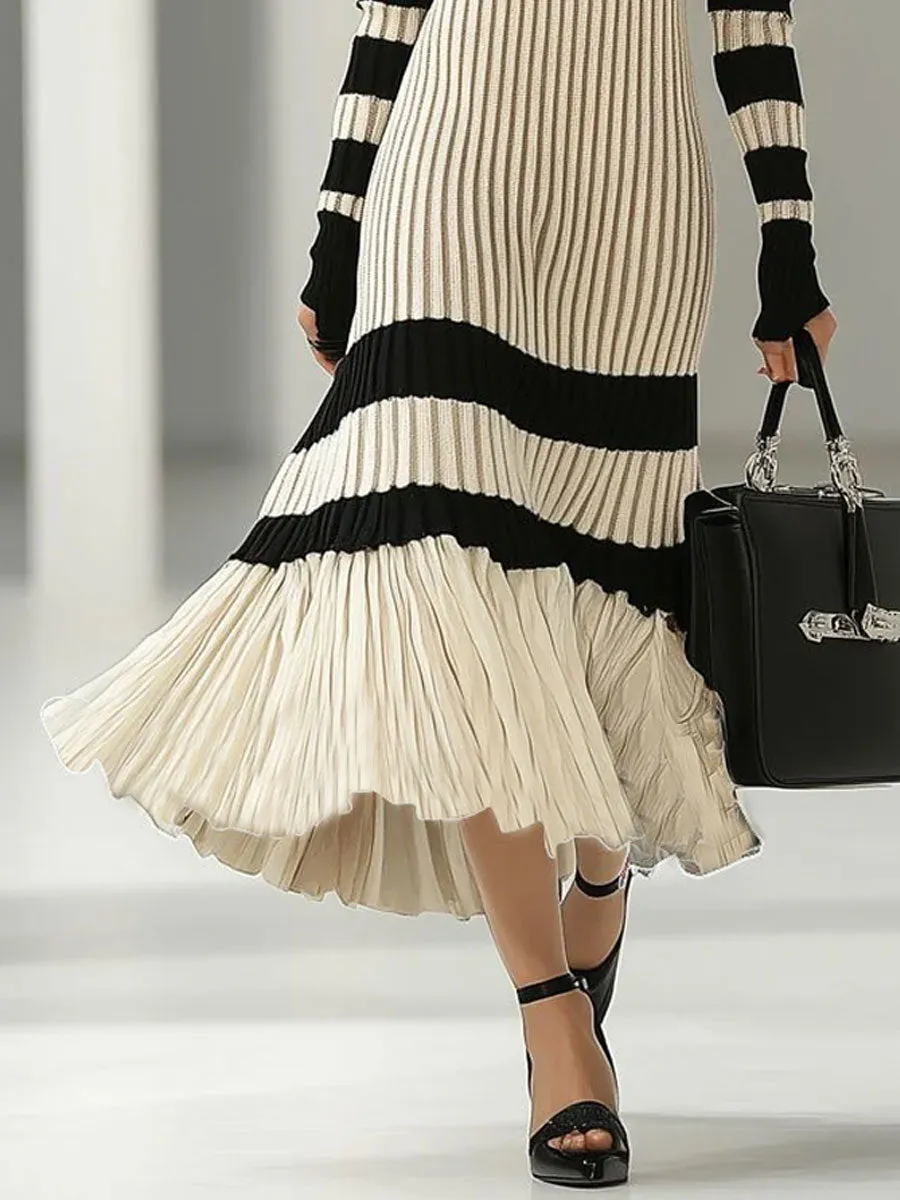 【24-hour shipping out】Fashion Loose Retro Black and White Striped Knitted Turtleneck Midi Dress sold by Oyrosy product image thumbnail 3