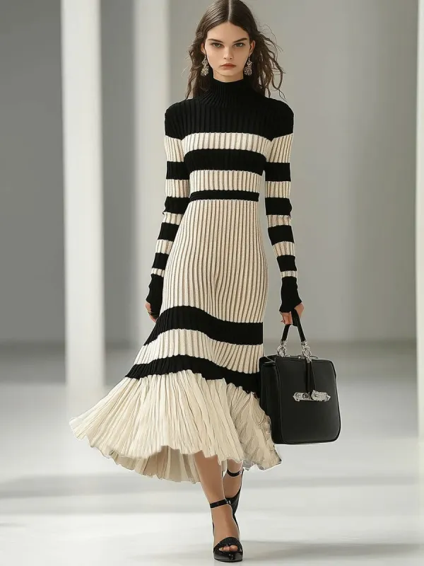 【24-hour shipping out】Fashion Loose Retro Black and White Striped Knitted Turtleneck Midi Dress sold by Oyrosy