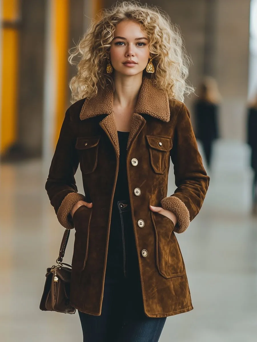 【24-hour shipping out】Casual Loose Retro Suede Lamb Wool Patchwork Multi-Pocket Coat sold by Oyrosy