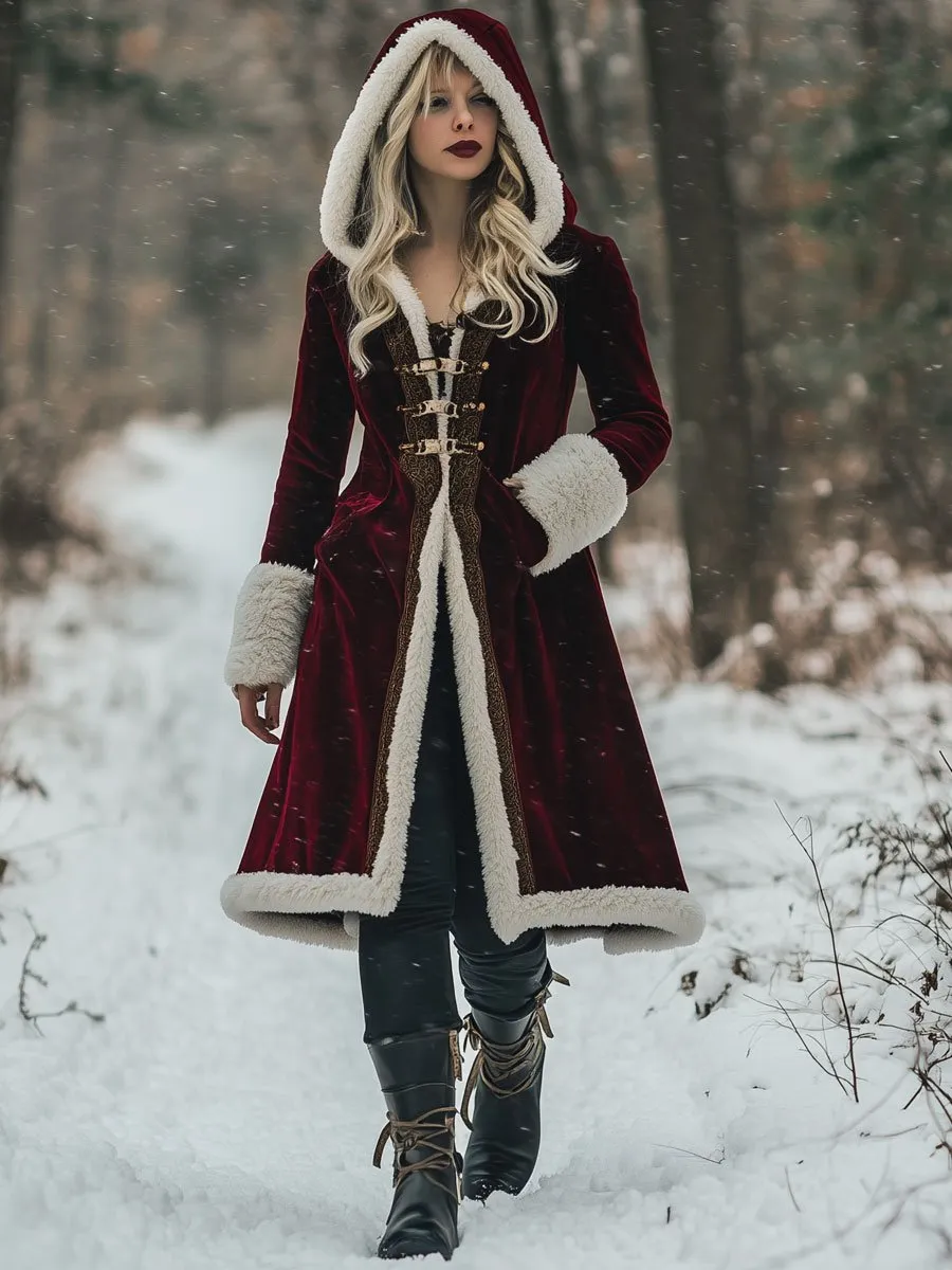 【24-hour shipping out】Loose Vintage Velvet Wool Gold Edge Stitched Pocket Hooded Coat sold by Oyrosy