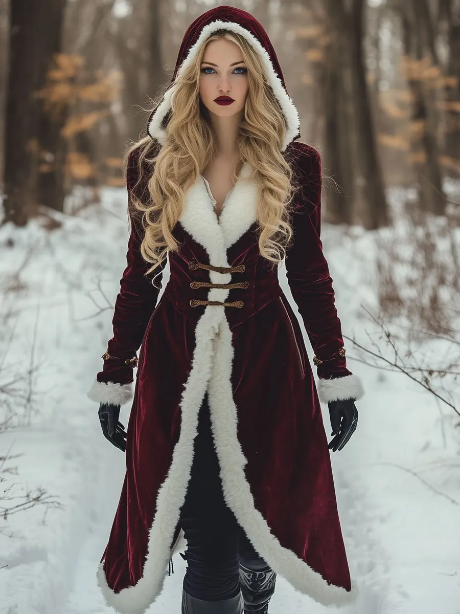 【24-hour shipping out】 Loose Vintage Velvet Wool Patchwork Pocket Mid-Length Hooded Coat sold by Oyrosy