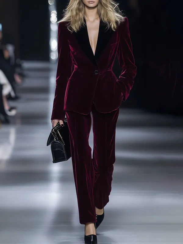 【24-hour shipping】High-End Temperament Loose Retro Burgundy Velvet Suit sold by Oyrosy