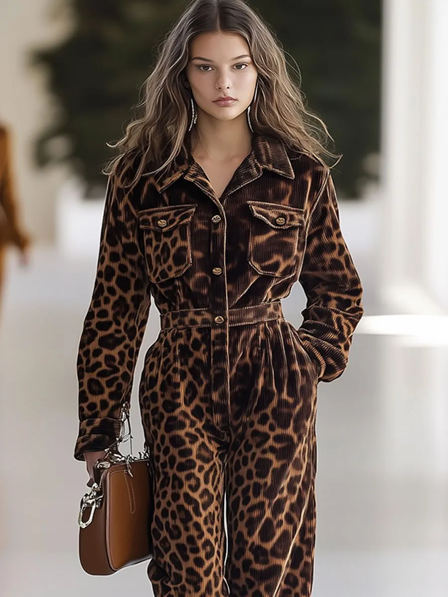 【24-hour shipping out】Casual Loose Retro Corduroy Leopard Print Multi-Pocket Long Sleeve Jumpsuit sold by Oyrosy product image thumbnail 3