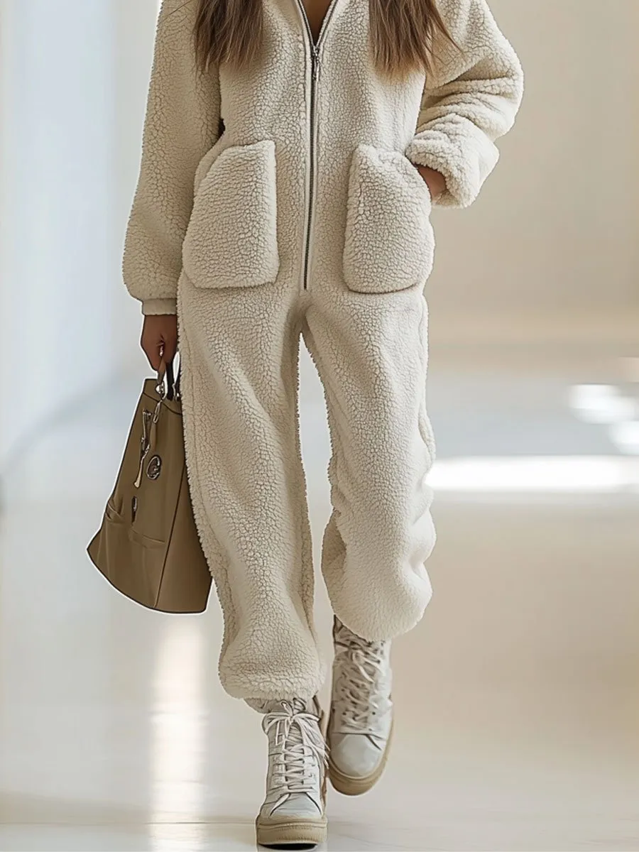 Casual Loose Vintage Polar Fleece Pocket Zipper Hooded Jumpsuit sold by Oyrosy product image thumbnail 4