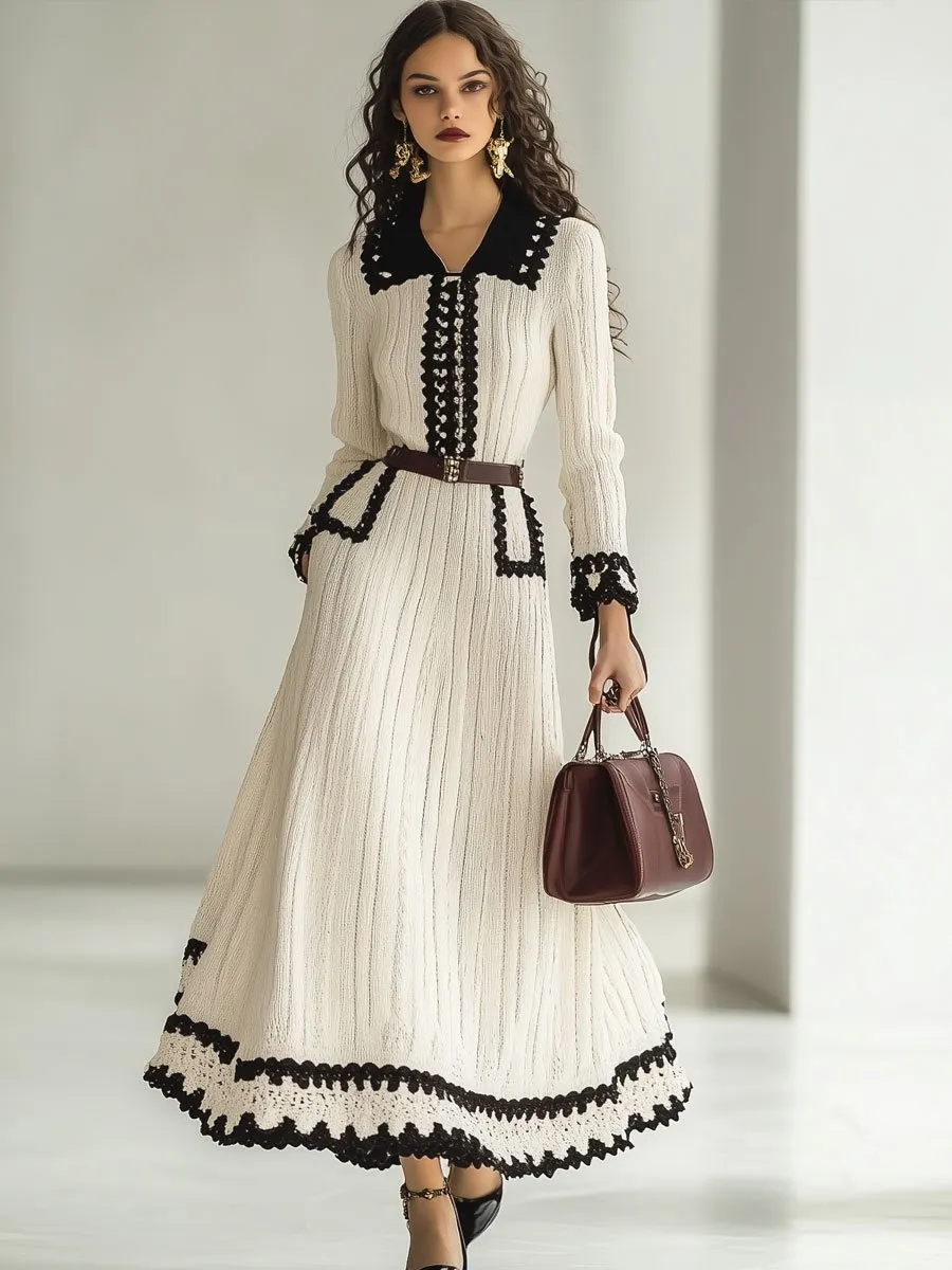 【24-hour shipping out】Fashion Retro Knitted Colorblock Long Sleeve Maxi Dress sold by Oyrosy