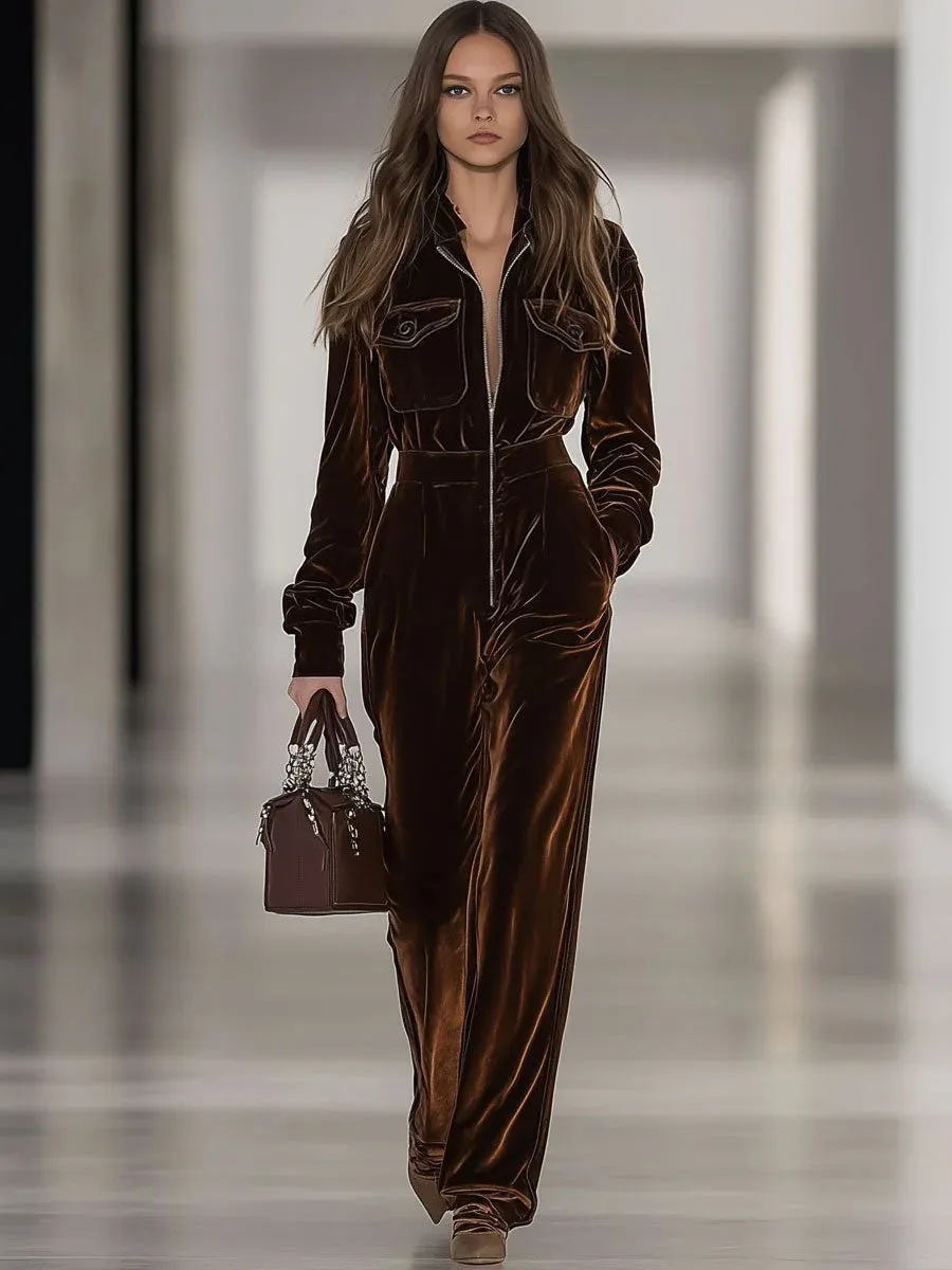 【24-hour shipping out】Casual Loose Vintage Velvet Multi-Pocket Zipper Long Sleeve Jumpsuit sold by Oyrosy product image thumbnail 2