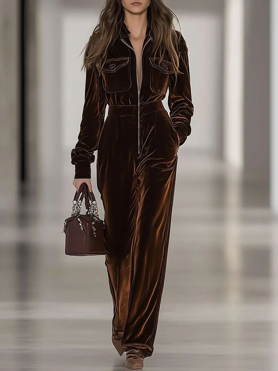 【24-hour shipping out】Casual Loose Vintage Velvet Multi-Pocket Zipper Long Sleeve Jumpsuit sold by Oyrosy