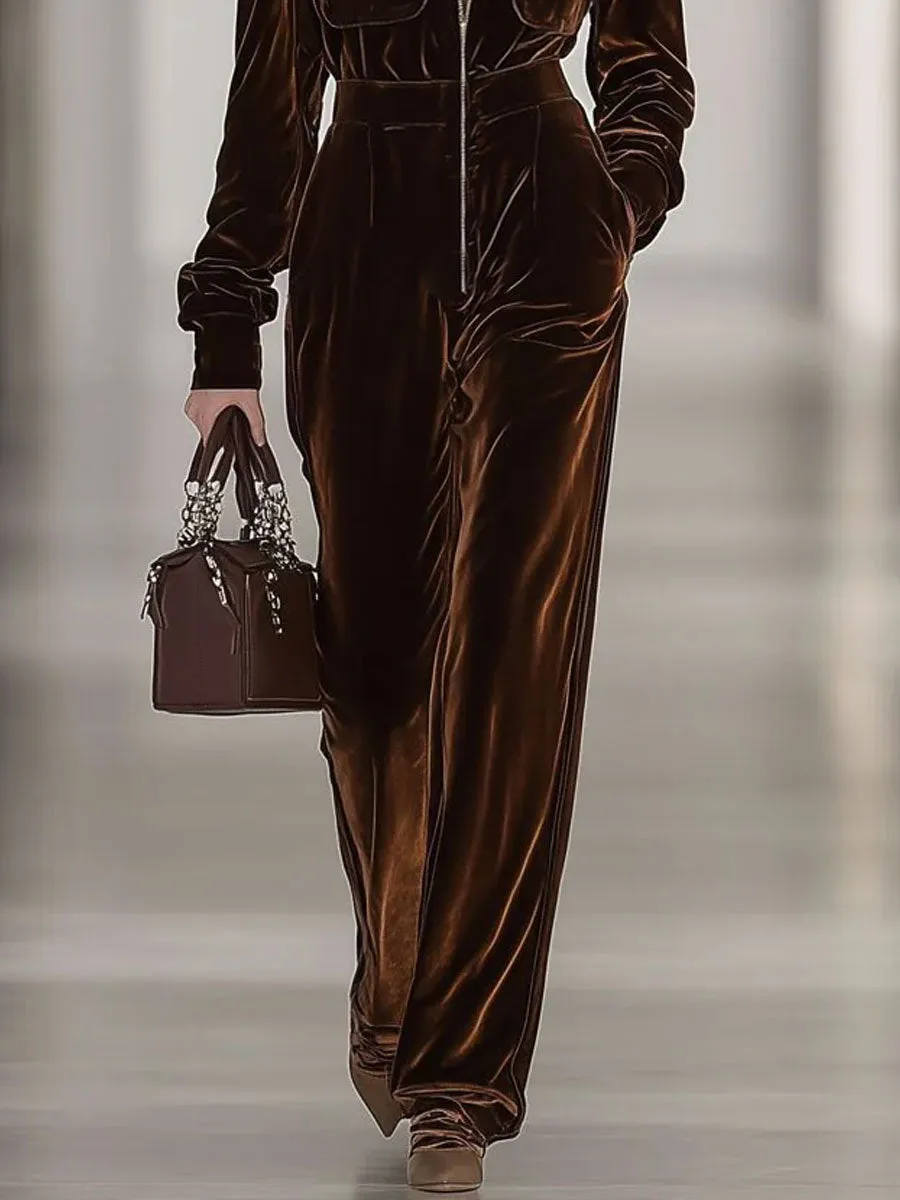 【24-hour shipping out】Casual Loose Vintage Velvet Multi-Pocket Zipper Long Sleeve Jumpsuit sold by Oyrosy product image thumbnail 4
