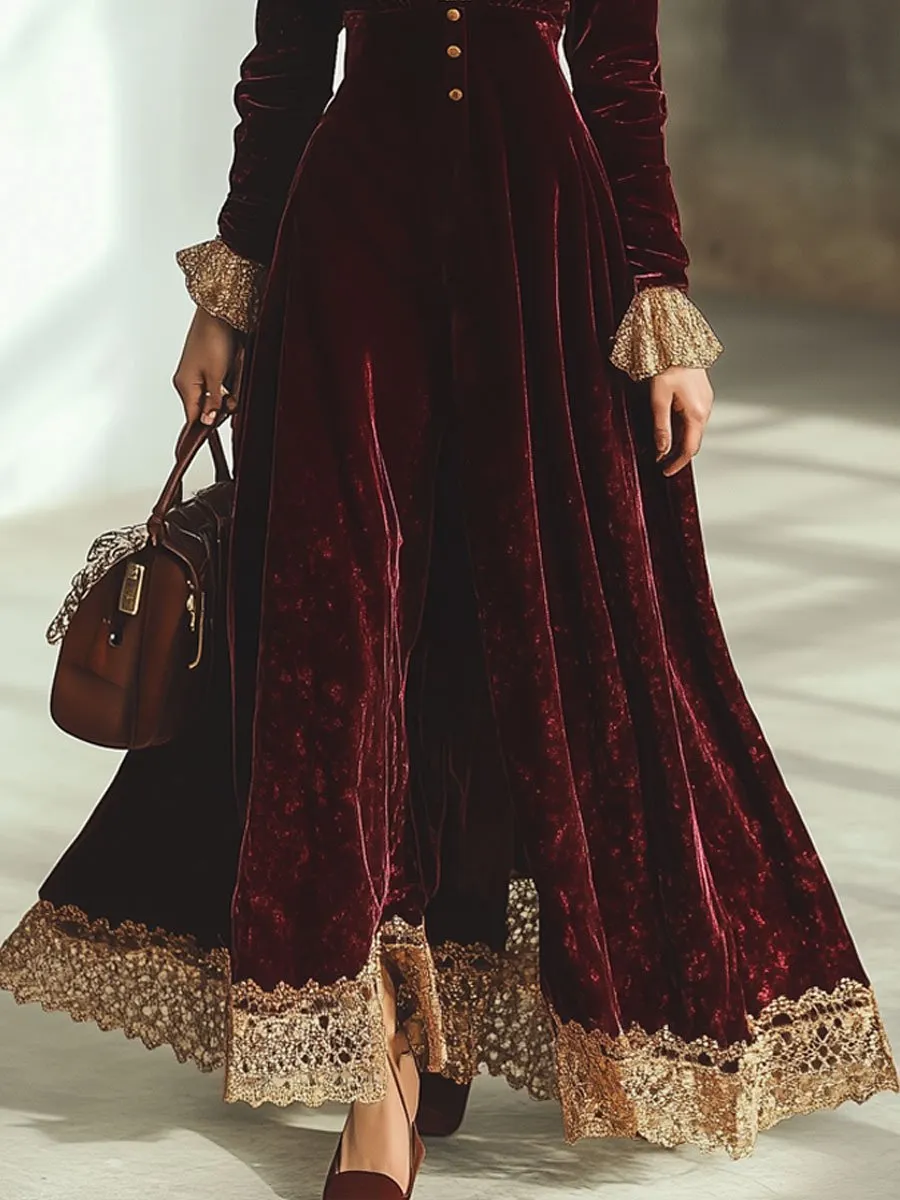 Vintage Ankola Red Velvet Lace V-neck Long Sleeve Maxi Dress sold by Oyrosy product image thumbnail 5