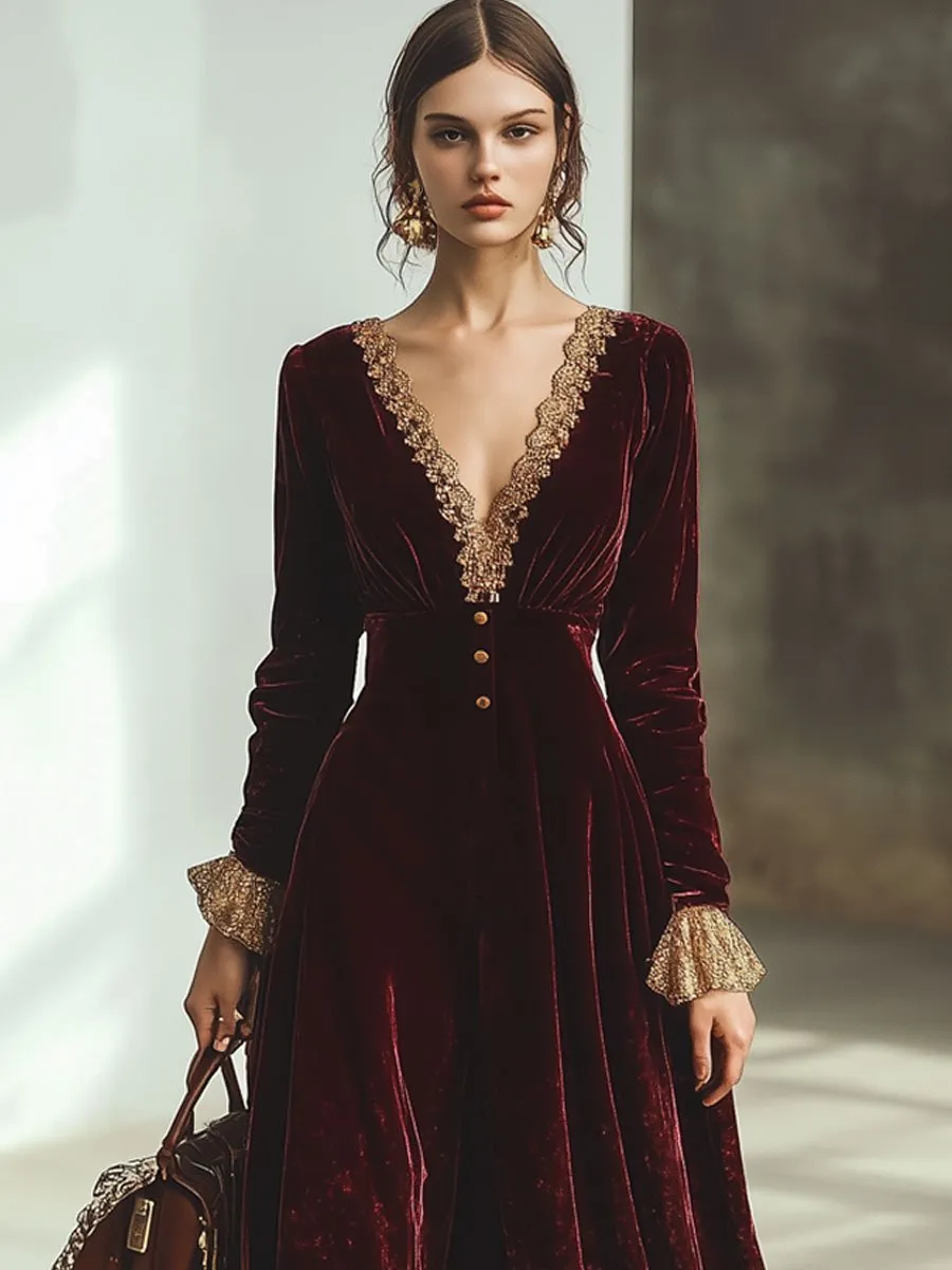 Vintage Ankola Red Velvet Lace V-neck Long Sleeve Maxi Dress sold by Oyrosy product image thumbnail 4