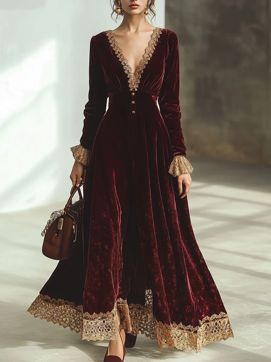 Vintage Ankola Red Velvet Lace V-neck Long Sleeve Maxi Dress sold by Oyrosy product image thumbnail 2