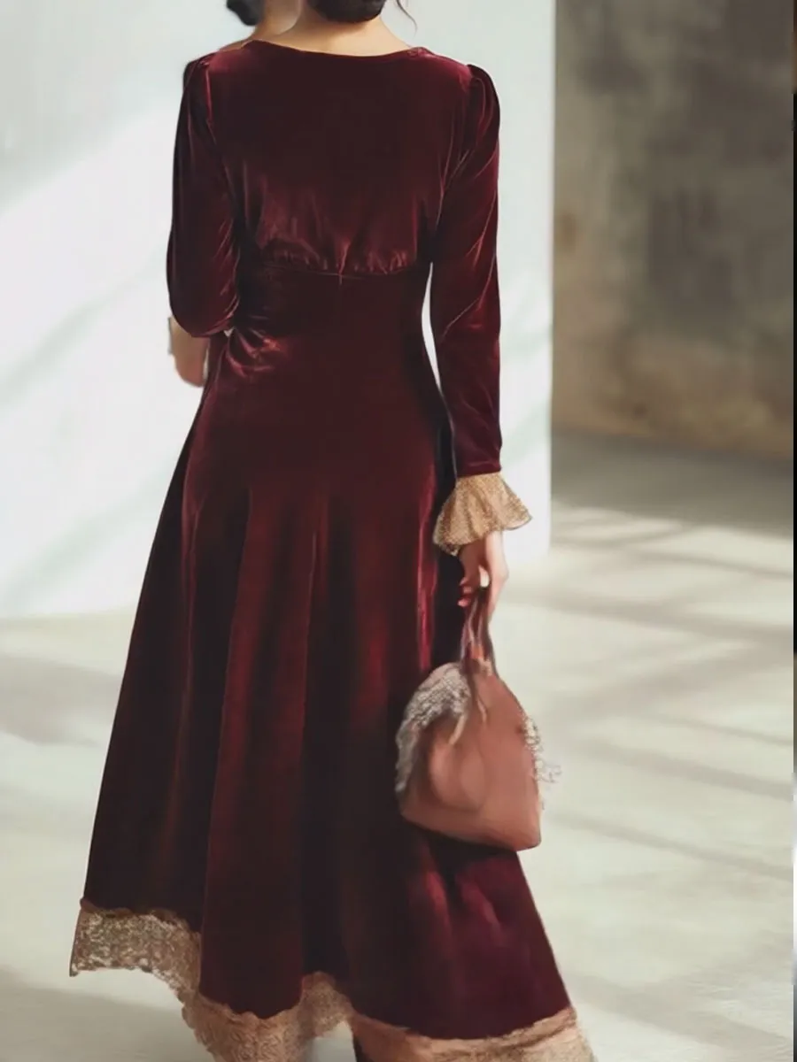 Vintage Ankola Red Velvet Lace V-neck Long Sleeve Maxi Dress sold by Oyrosy product image thumbnail 3