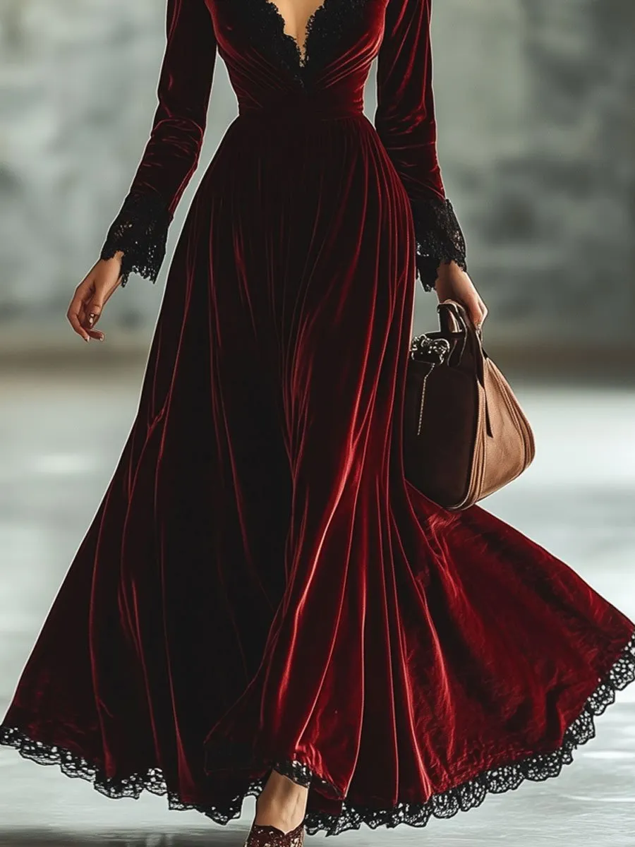 Fashion Retro V-neck Lace Splicing Long Sleeve Maxi Dress sold by Oyrosy product image thumbnail 3