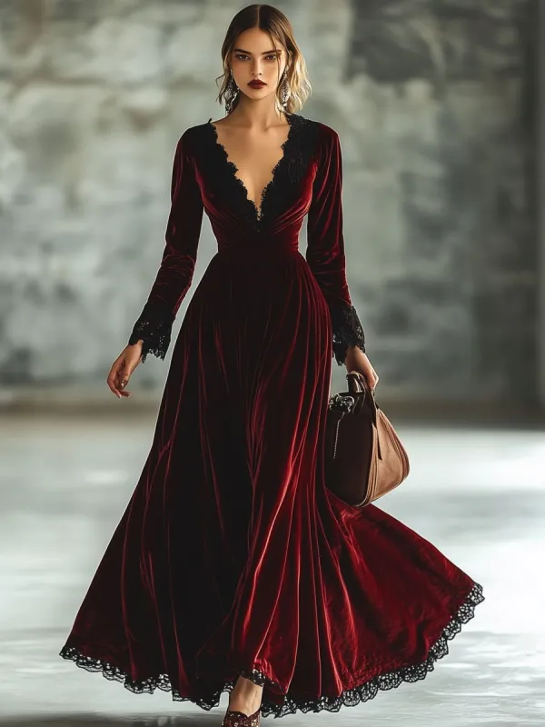 Fashion Retro V-neck Lace Splicing Long Sleeve Maxi Dress sold by Oyrosy