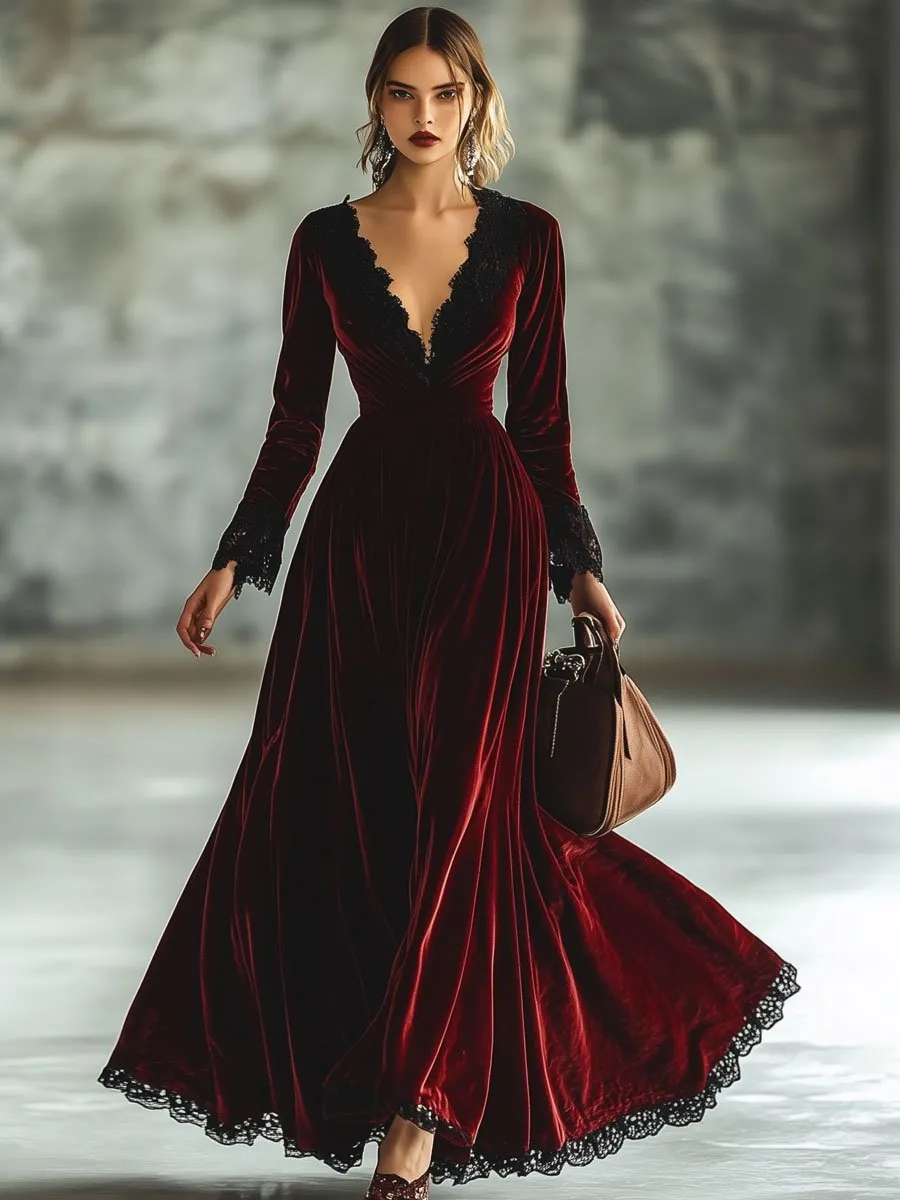 Fashion Retro V-neck Lace Splicing Long Sleeve Maxi Dress sold by Oyrosy