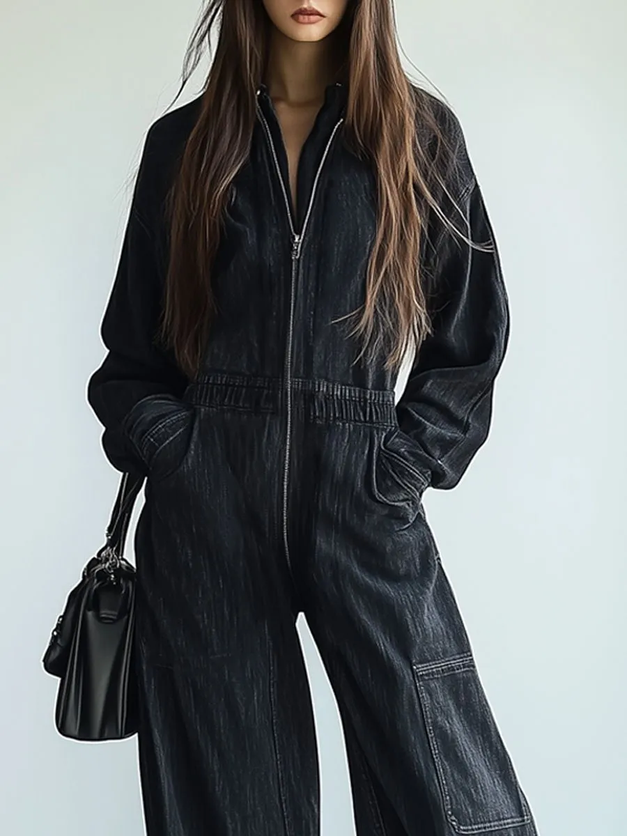 【24-hour shipping out】Casual Loose Retro Denim Zipper Elastic Waist Lapel Long Sleeve Jumpsuit sold by Oyrosy product image thumbnail 3