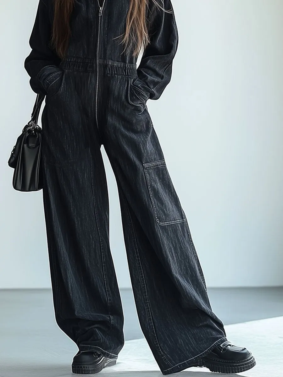【24-hour shipping out】Casual Loose Retro Denim Zipper Elastic Waist Lapel Long Sleeve Jumpsuit sold by Oyrosy product image thumbnail 4