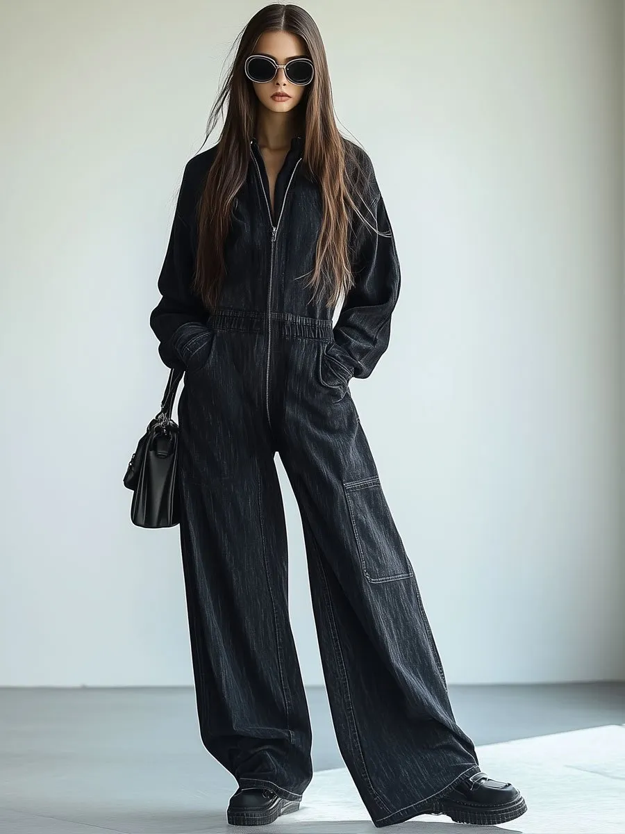 【24-hour shipping out】Casual Loose Retro Denim Zipper Elastic Waist Lapel Long Sleeve Jumpsuit sold by Oyrosy product image thumbnail 2