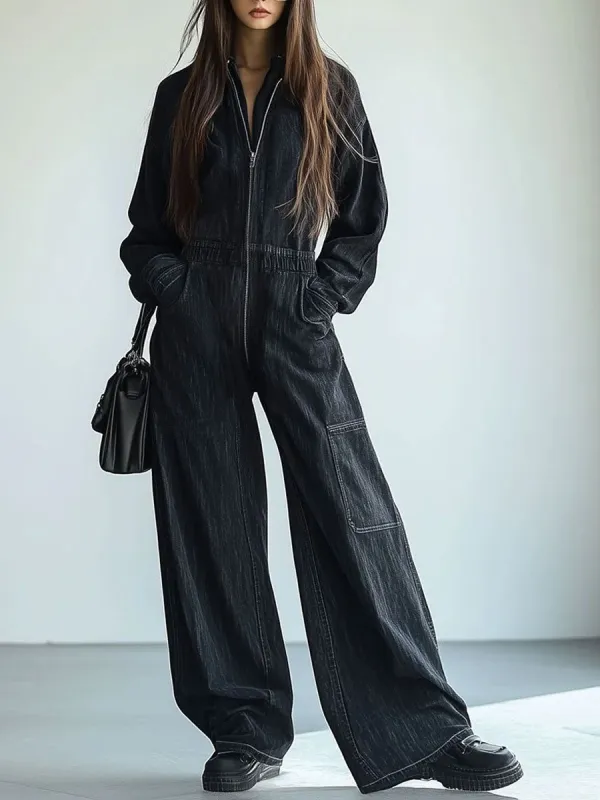 【24-hour shipping out】Casual Loose Retro Denim Zipper Elastic Waist Lapel Long Sleeve Jumpsuit sold by Oyrosy